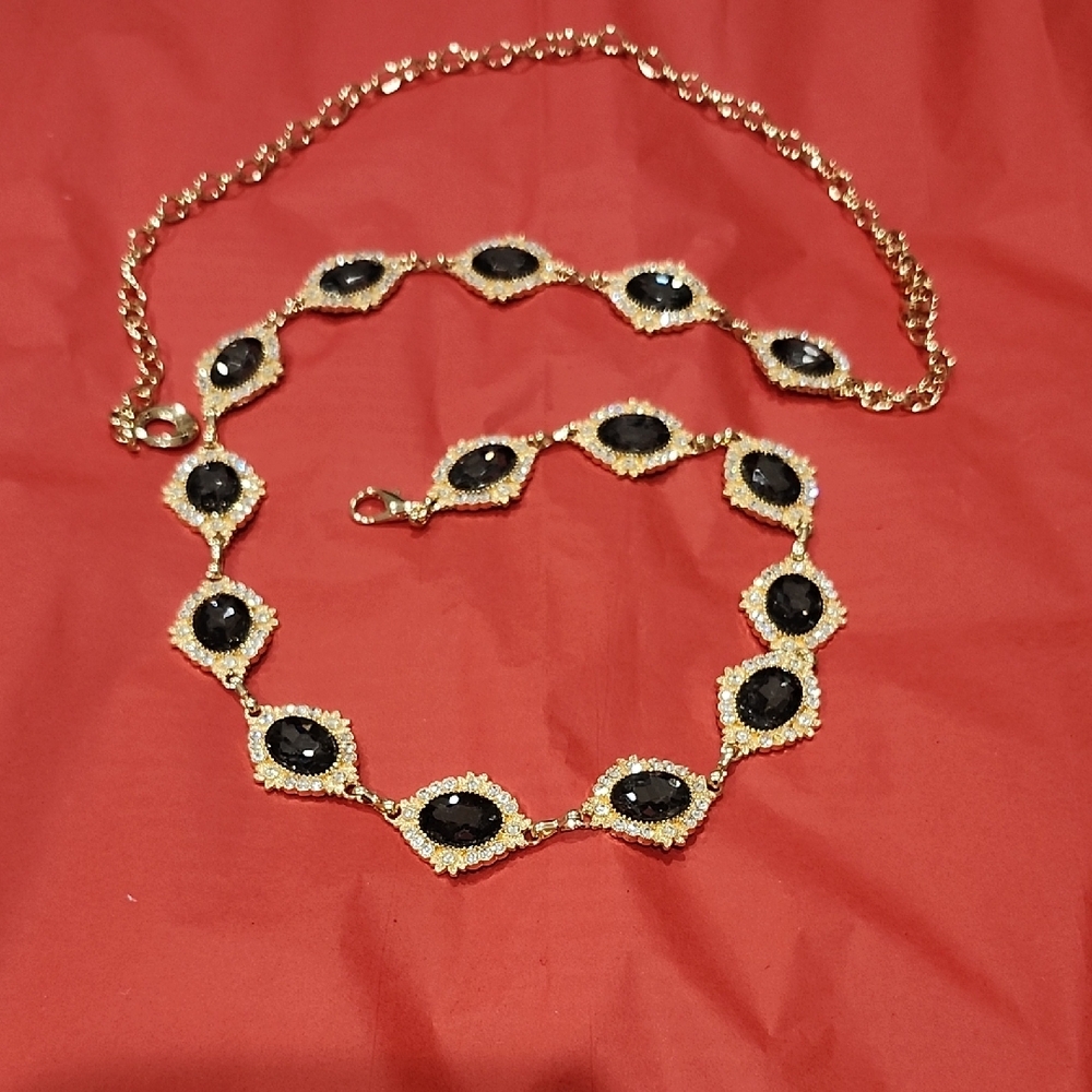 Elegant Gold and Black Chain and Rhinestone Belt Accent